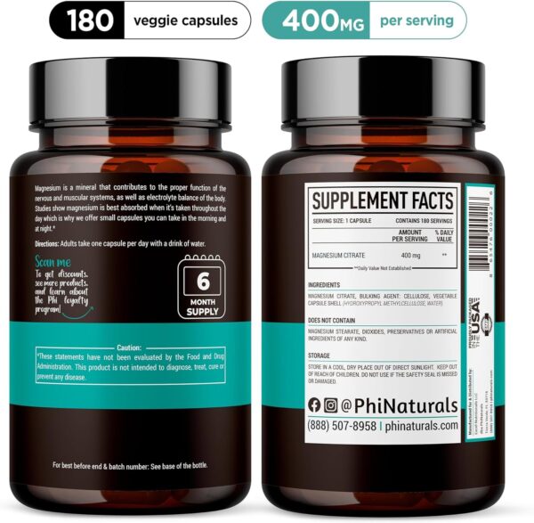 Vitamina Phinaturals Citrato De Magnesio 400mg 180 Capsulas - Imagen 2