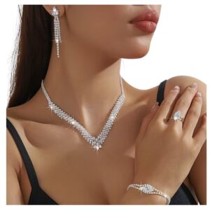 Juego De Joyas Set De Collar, Pulsera Brazalete Y Aretes estilo diamante